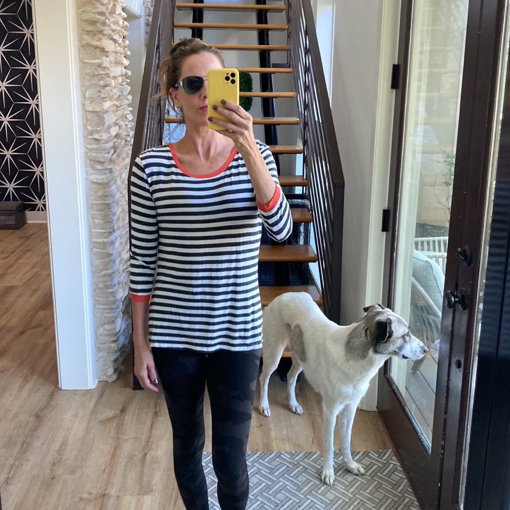 S Charcoal and white striped TART T-shirt, 3/4 sleeves